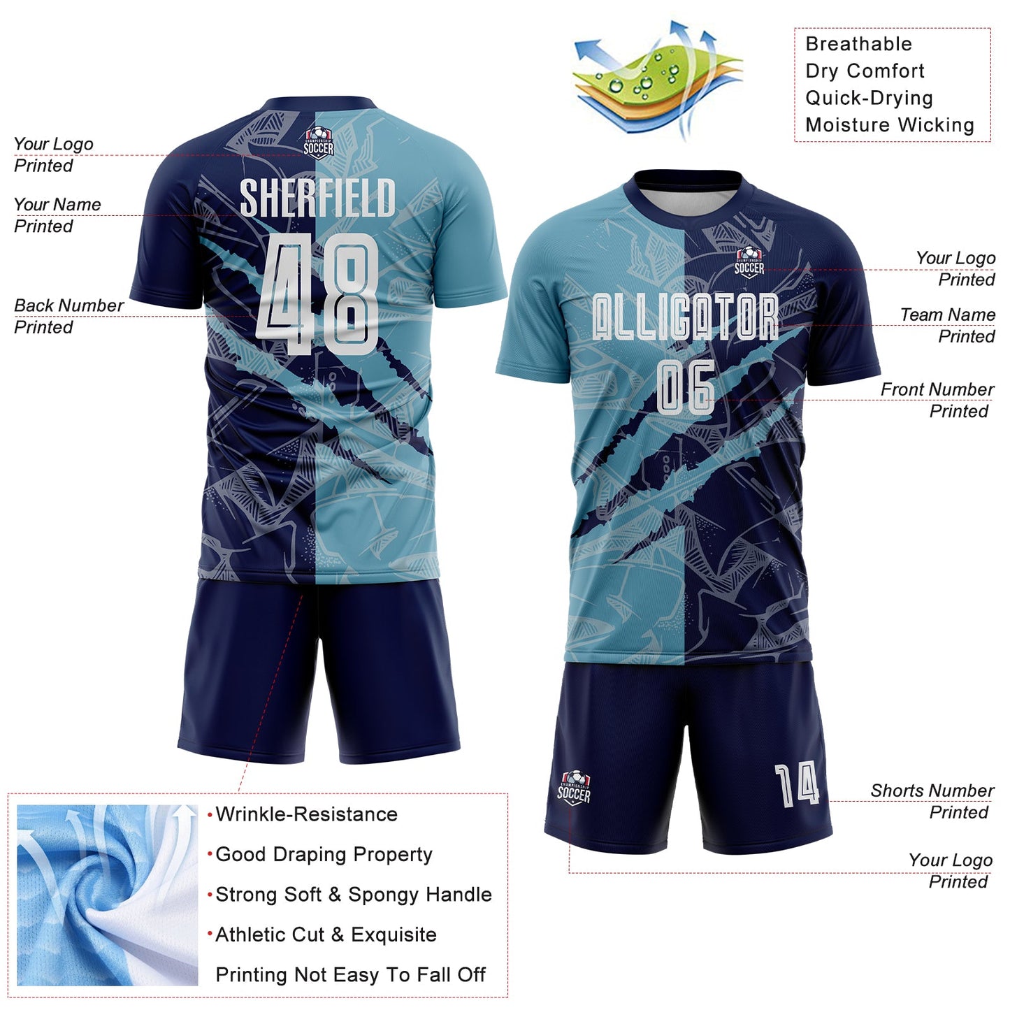 Custom Graffiti Pattern Shadow Blue-Navy Scratch Sublimation Soccer Uniform Jersey - Sky-Custom