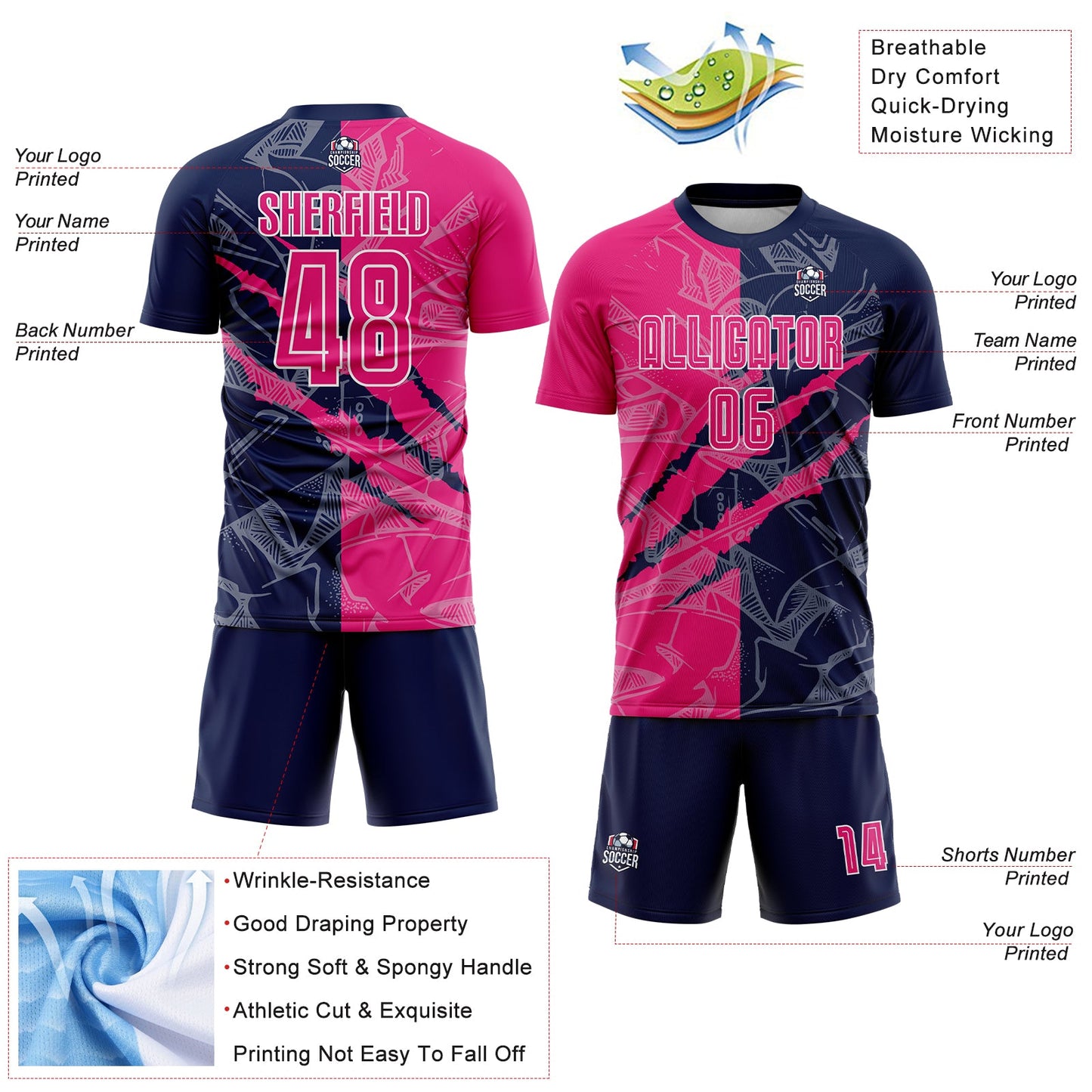 Custom Graffiti Pattern Hot Pink-Navy Scratch Sublimation Soccer Uniform Jersey - Sky-Custom