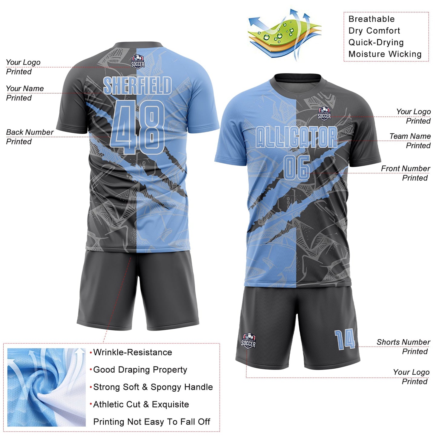 Custom Graffiti Pattern Light Blue-Steel Gray Scratch Sublimation Soccer Uniform Jersey - Sky-Custom
