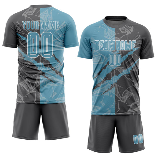Custom Graffiti Pattern Shadow Blue-Steel Gray Scratch Sublimation Soccer Uniform Jersey - Sky-Custom
