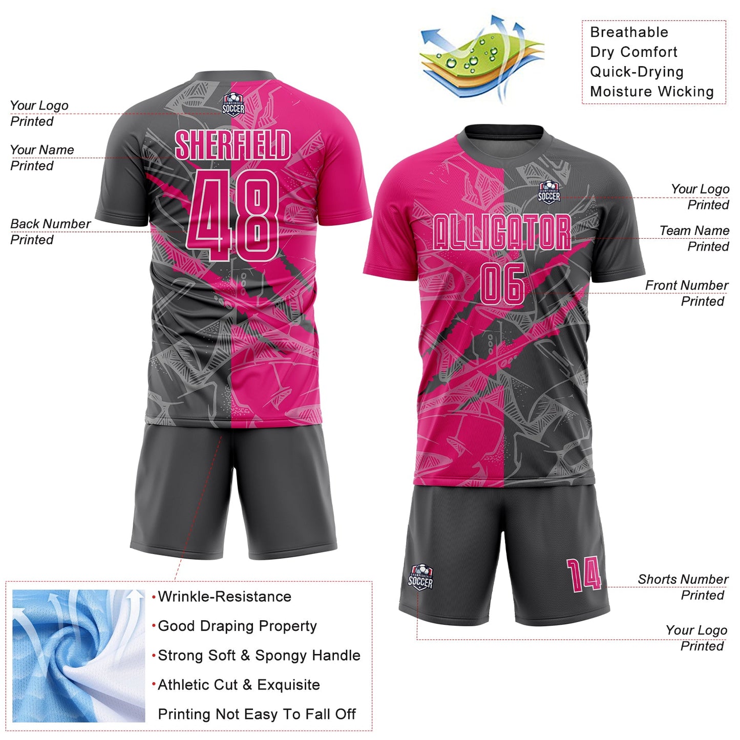 Custom Graffiti Pattern Hot Pink-Steel Gray Scratch Sublimation Soccer Uniform Jersey - Sky-Custom
