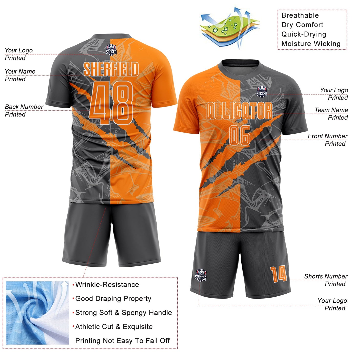 Custom Graffiti Pattern Bay Orange-Steel Gray Scratch Sublimation Soccer Uniform Jersey - Sky-Custom