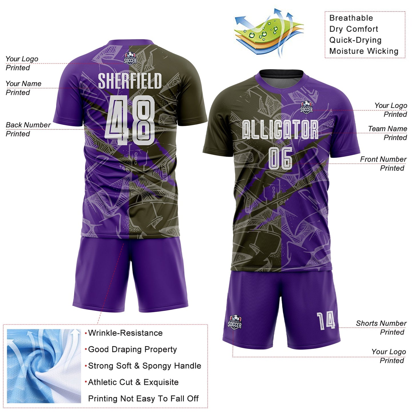 Custom Graffiti Pattern Olive-Purple Scratch Sublimation Soccer Uniform Jersey - Sky-Custom
