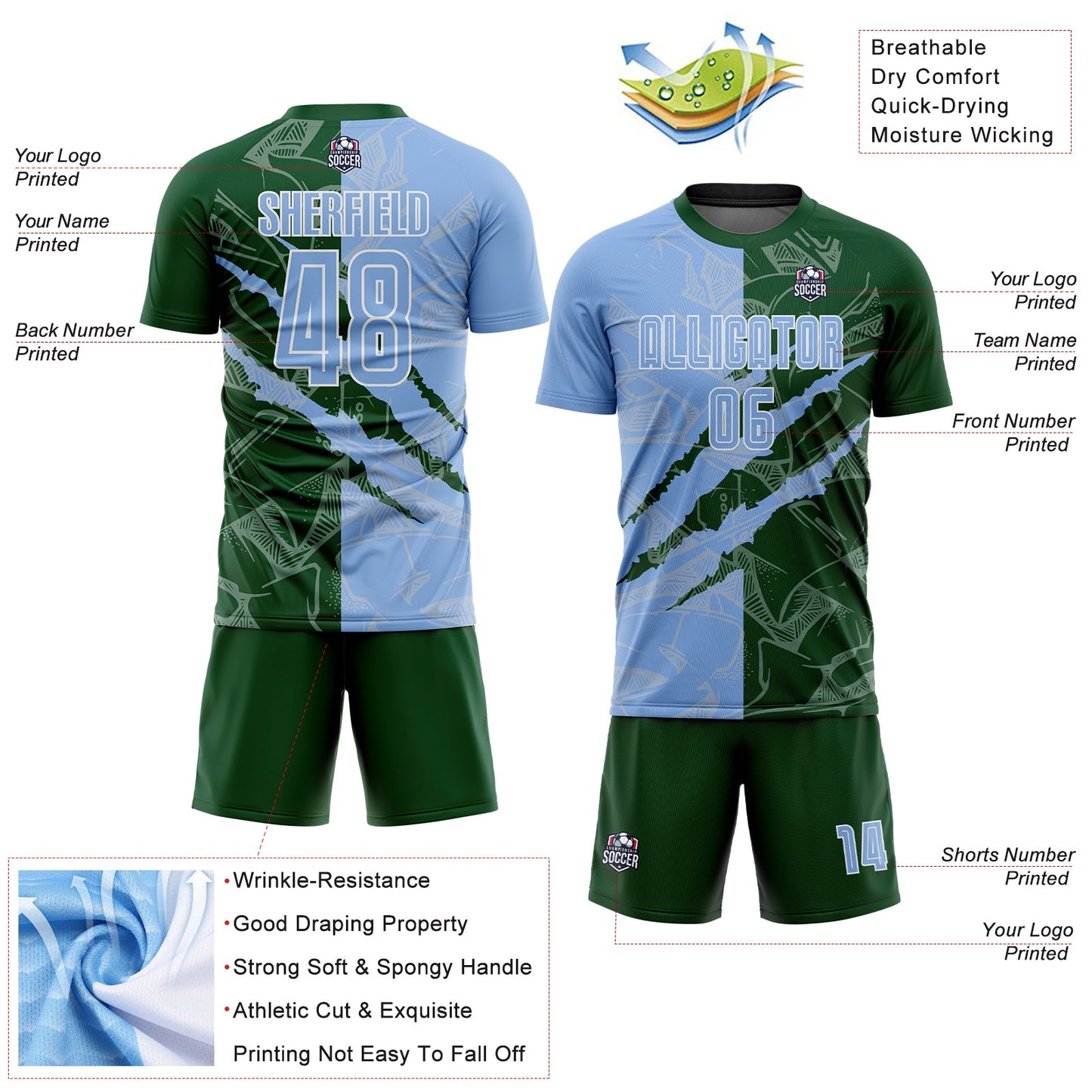 Custom Graffiti Pattern Light Blue-Green Scratch Sublimation Soccer Uniform Jersey - Sky-Custom
