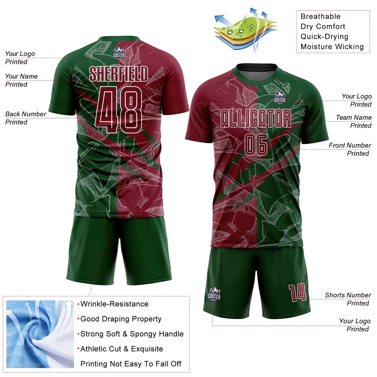 Custom Graffiti Pattern Crimson-Green Scratch Sublimation Soccer Uniform Jersey - Sky-Custom