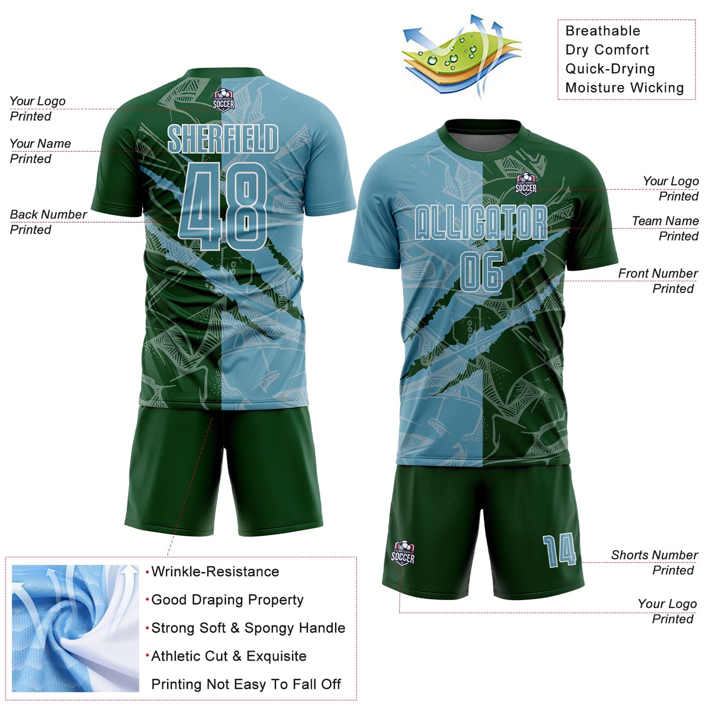 Custom Graffiti Pattern Shadow Blue-Green Scratch Sublimation Soccer Uniform Jersey - Sky-Custom