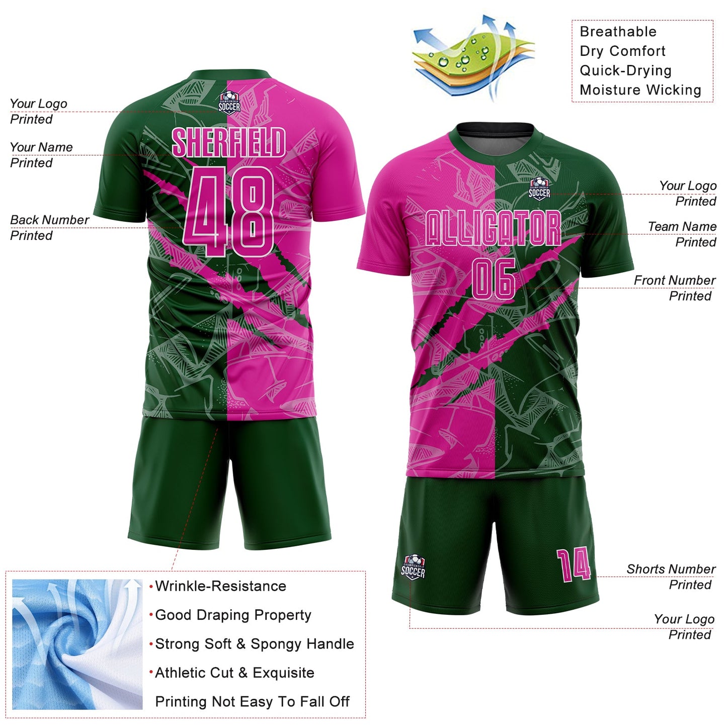 Custom Graffiti Pattern Deep Pink-Green Scratch Sublimation Soccer Uniform Jersey - Sky-Custom
