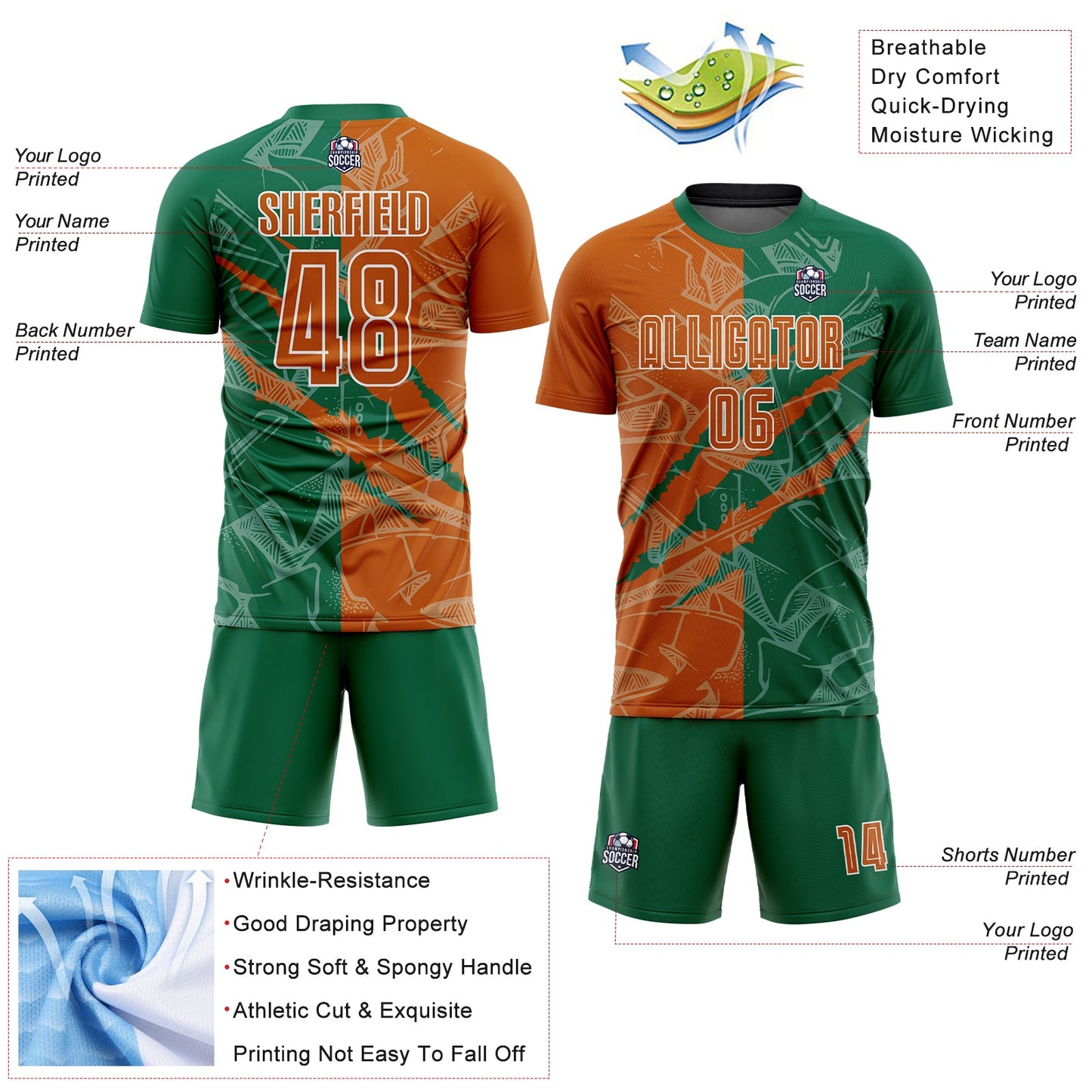 Custom Graffiti Pattern Texas Orange-Kelly Green Scratch Sublimation Soccer Uniform Jersey - Sky-Custom