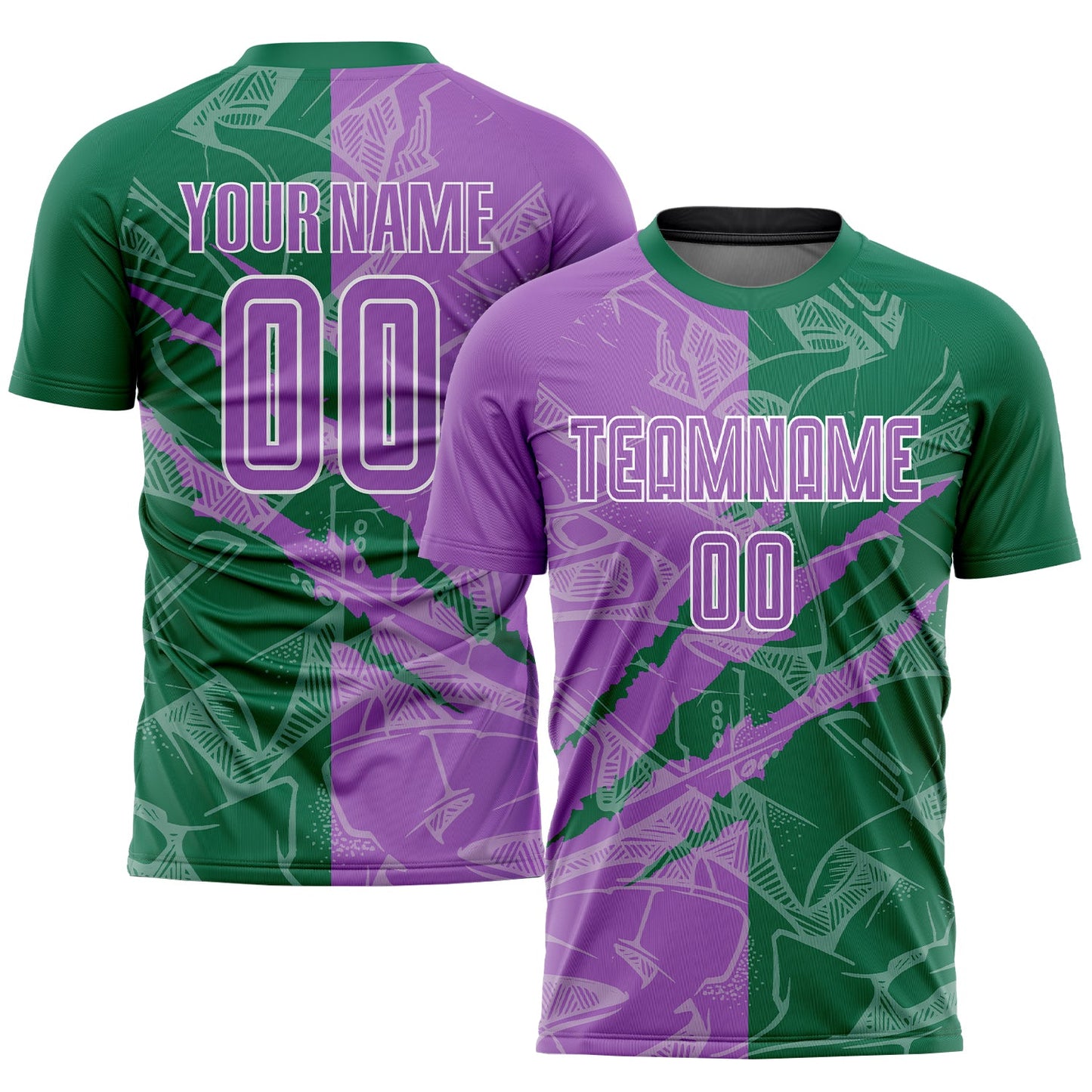 Custom Graffiti Pattern Medium Purple-Kelly Green Scratch Sublimation Soccer Uniform Jersey - Sky-Custom