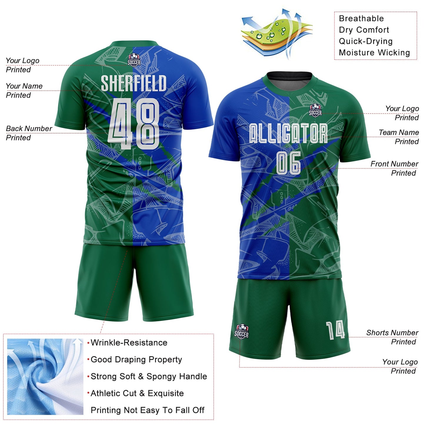 Custom Graffiti Pattern Thunder Blue-Kelly Green Scratch Sublimation Soccer Uniform Jersey - Sky-Custom