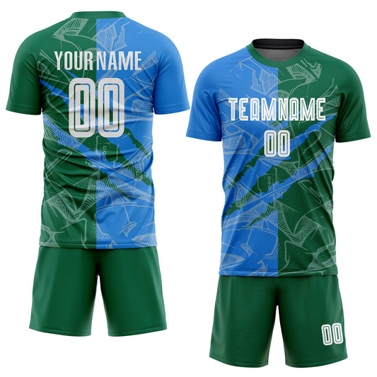 Custom Graffiti Pattern Powder Blue-Kelly Green Scratch Sublimation Soccer Uniform Jersey - Sky-Custom