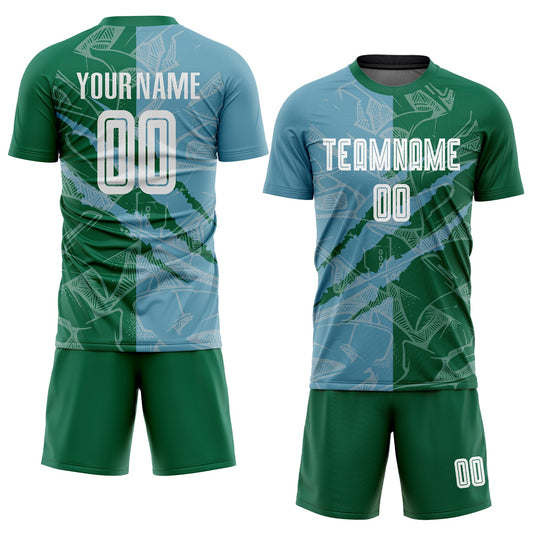 Custom Graffiti Pattern Shadow Blue-Kelly Green Scratch Sublimation Soccer Uniform Jersey - Sky-Custom