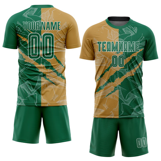 Custom Graffiti Pattern Kelly Green-Old Gold Scratch Sublimation Soccer Uniform Jersey - Sky-Custom