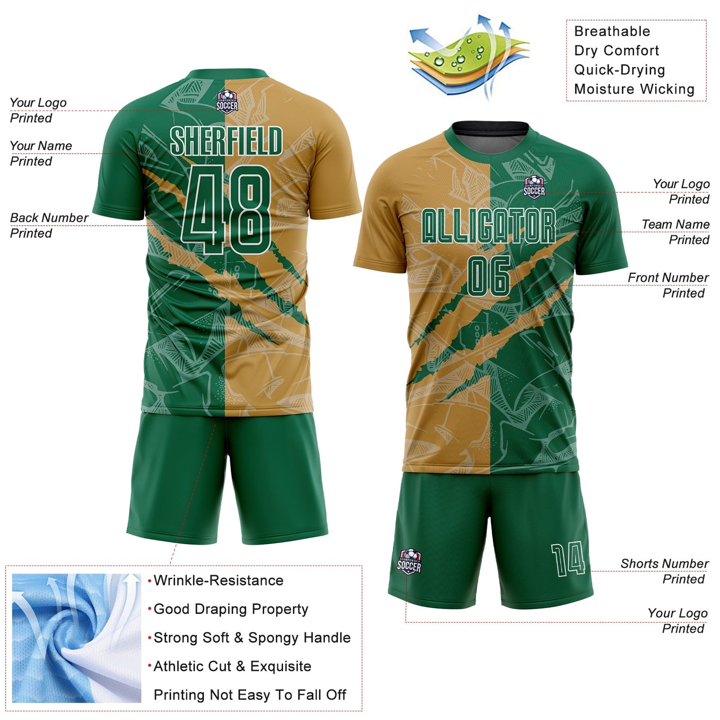 Custom Graffiti Pattern Kelly Green-Old Gold Scratch Sublimation Soccer Uniform Jersey - Sky-Custom