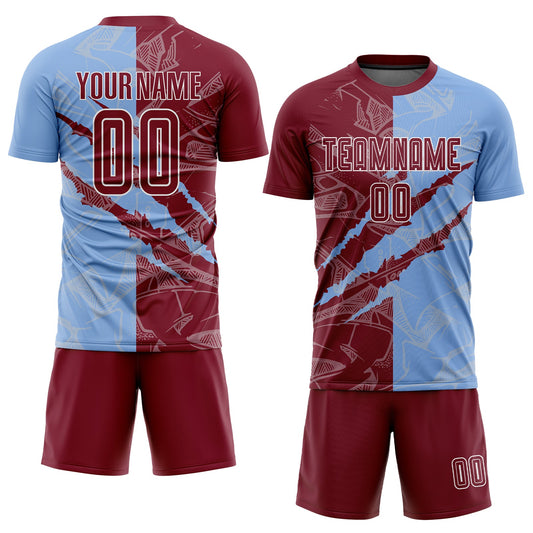 Custom Graffiti Pattern Crimson-Light Blue Scratch Sublimation Soccer Uniform Jersey - Sky-Custom