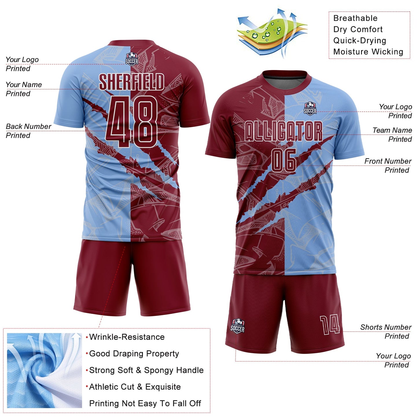 Custom Graffiti Pattern Crimson-Light Blue Scratch Sublimation Soccer Uniform Jersey - Sky-Custom