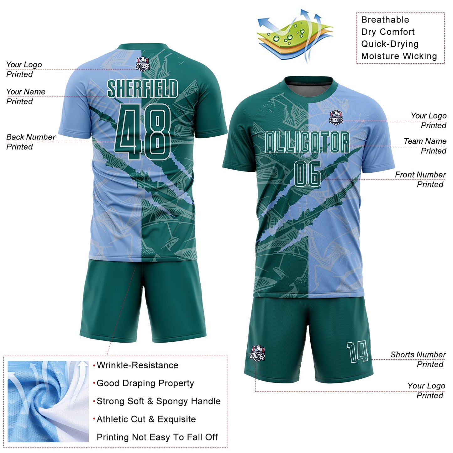 Custom Graffiti Pattern Teal-Light Blue Scratch Sublimation Soccer Uniform Jersey - Sky-Custom