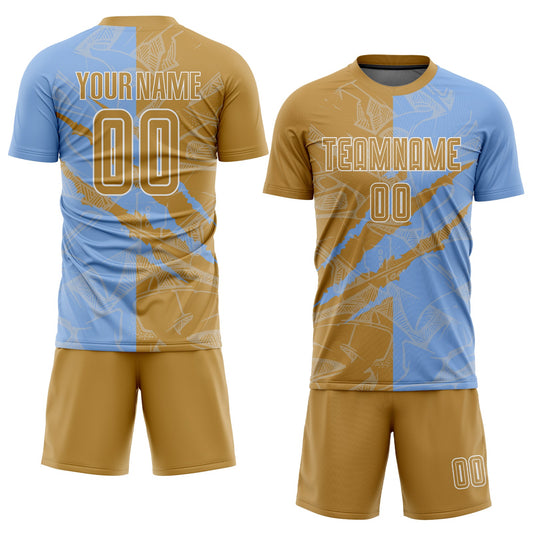 Custom Graffiti Pattern Old Gold-Light Blue Scratch Sublimation Soccer Uniform Jersey - Sky-Custom