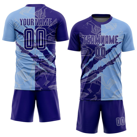 Custom Graffiti Pattern Dark Purple-Light Blue Scratch Sublimation Soccer Uniform Jersey - Sky-Custom