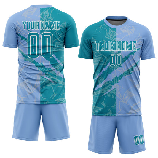 Custom Graffiti Pattern Teal-Light Blue Scratch Sublimation Soccer Uniform Jersey - Sky-Custom