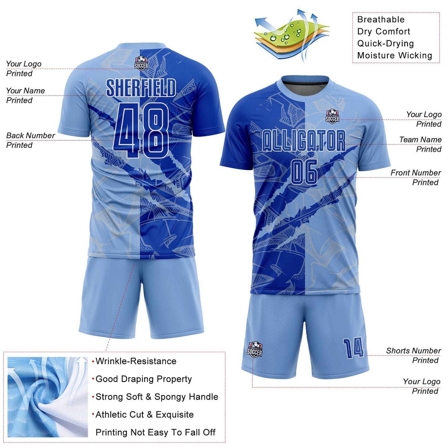 Custom Graffiti Pattern Thunder Blue-Light Blue Scratch Sublimation Soccer Uniform Jersey - Sky-Custom