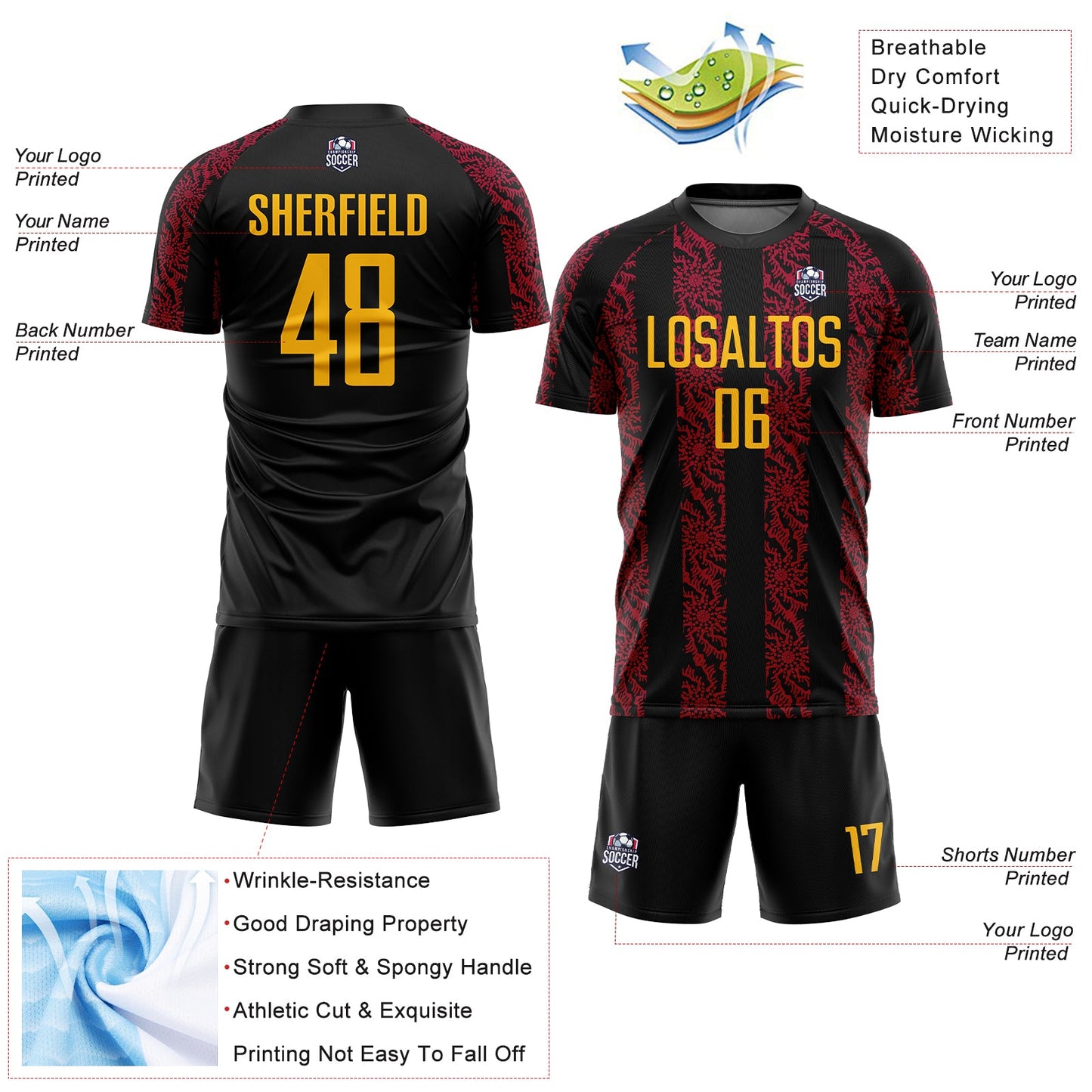 Custom Black Gold-Red Abstract Shape Sublimation Soccer Uniform Jersey - Sky-Custom