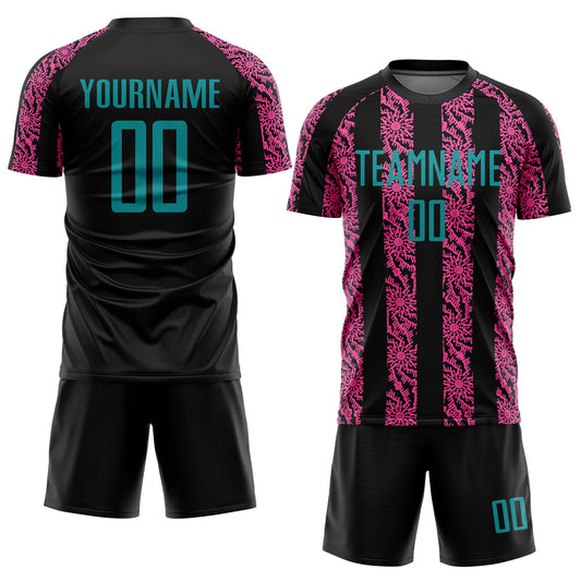 Custom Black Teal-Pink Abstract Shape Sublimation Soccer Uniform Jersey - Sky-Custom