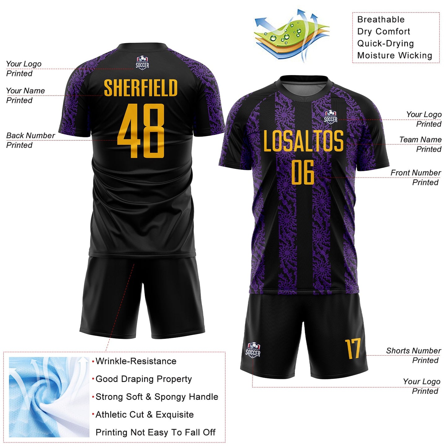 Custom Black Gold-Purple Abstract Shape Sublimation Soccer Uniform Jersey - Sky-Custom