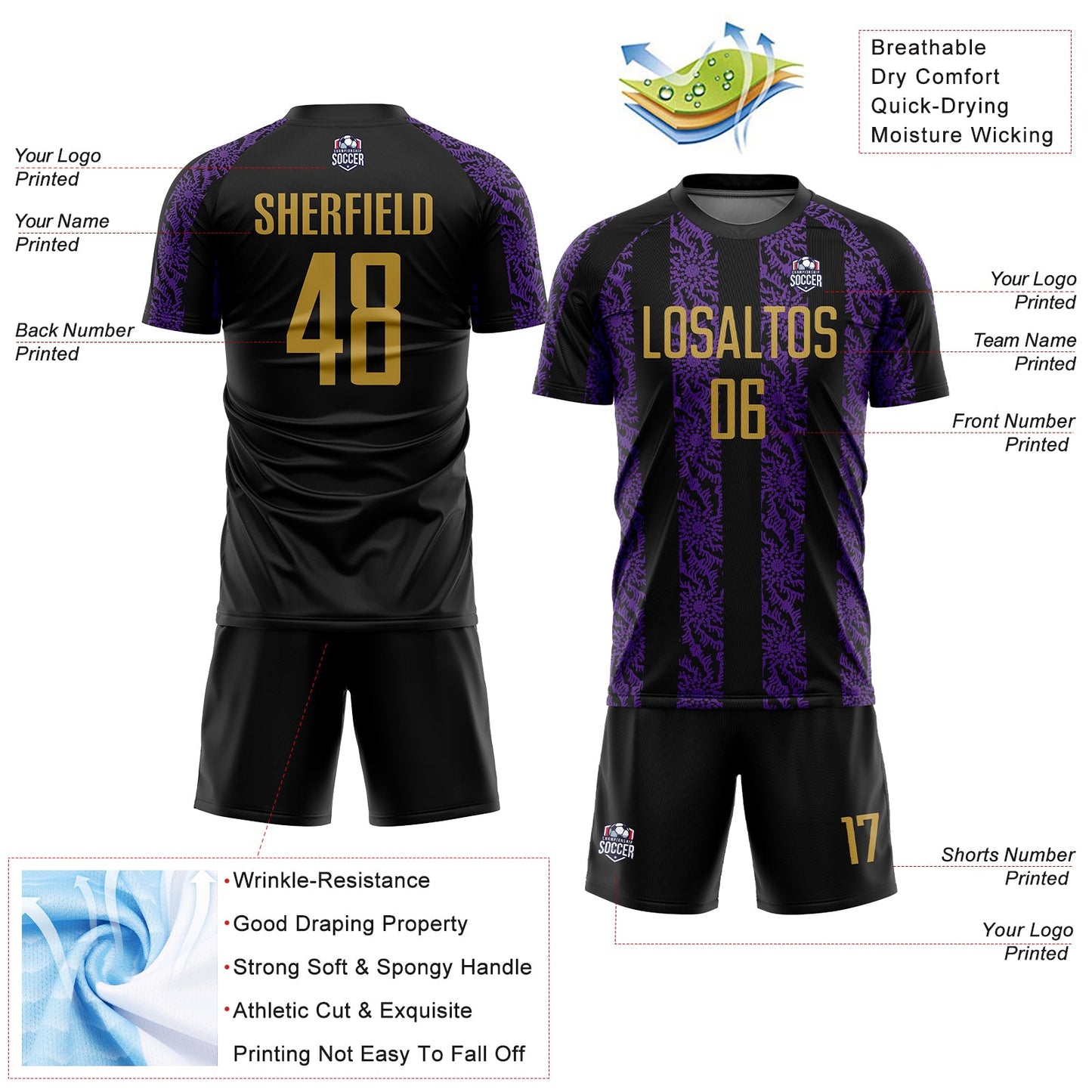 Custom Black Old Gold-Purple Abstract Shape Sublimation Soccer Uniform Jersey - Sky-Custom