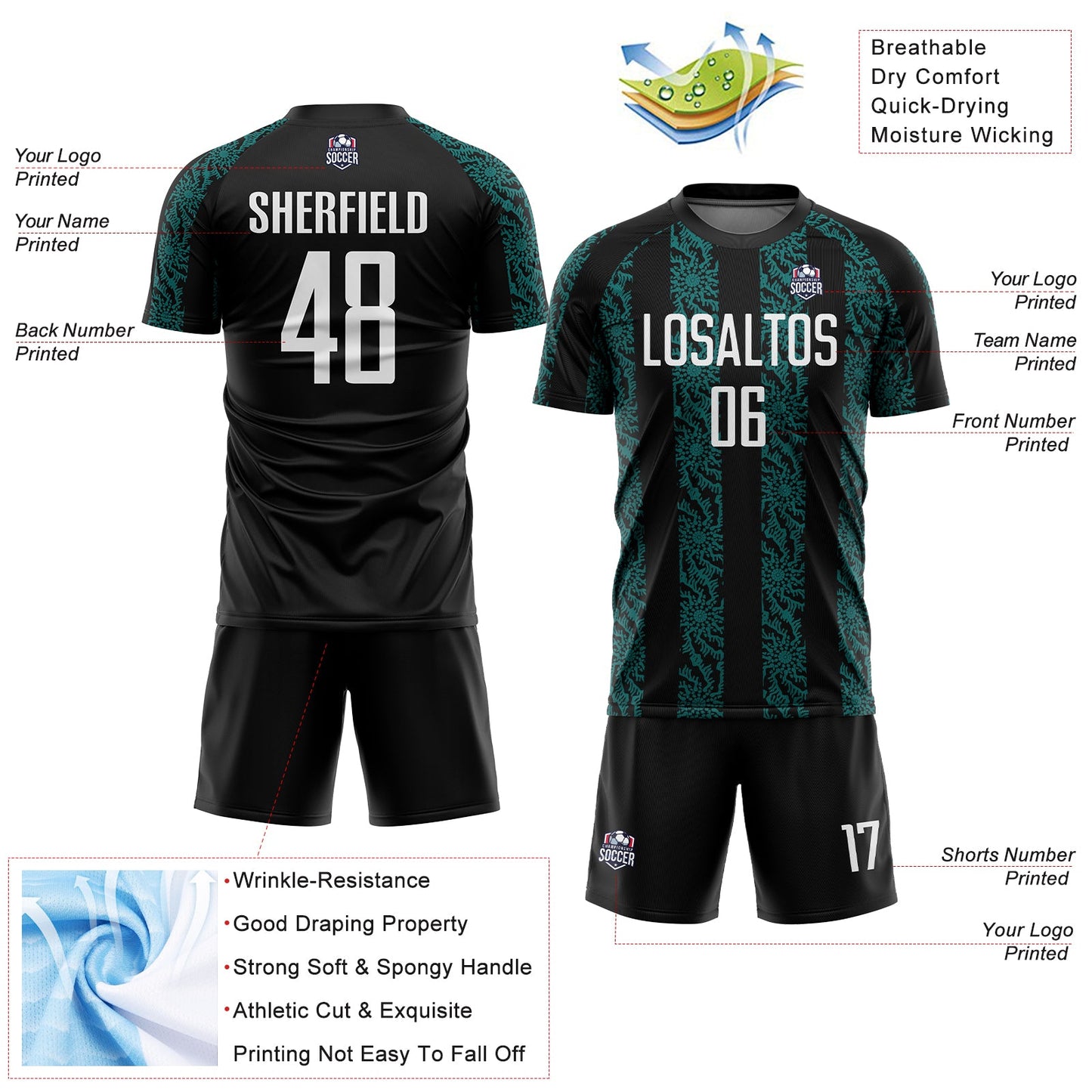 Custom Black White-Teal Abstract Shape Sublimation Soccer Uniform Jersey - Sky-Custom