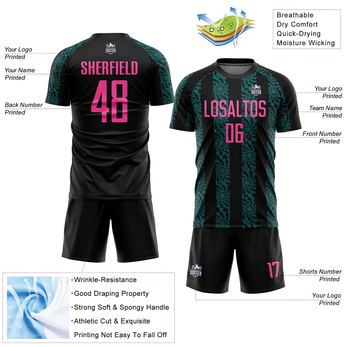 Custom Black Pink-Teal Abstract Shape Sublimation Soccer Uniform Jersey - Sky-Custom