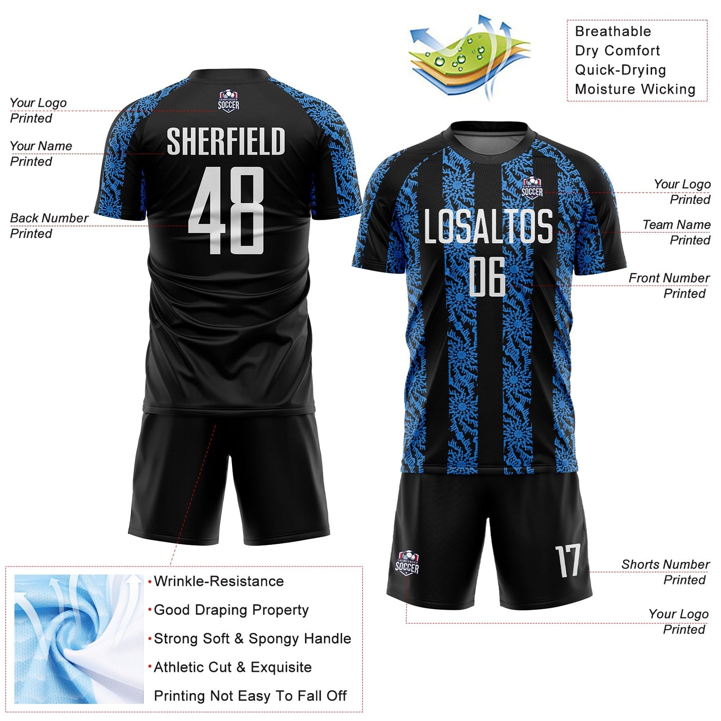 Custom Black White-Powder Blue Abstract Shape Sublimation Soccer Uniform Jersey - Sky-Custom