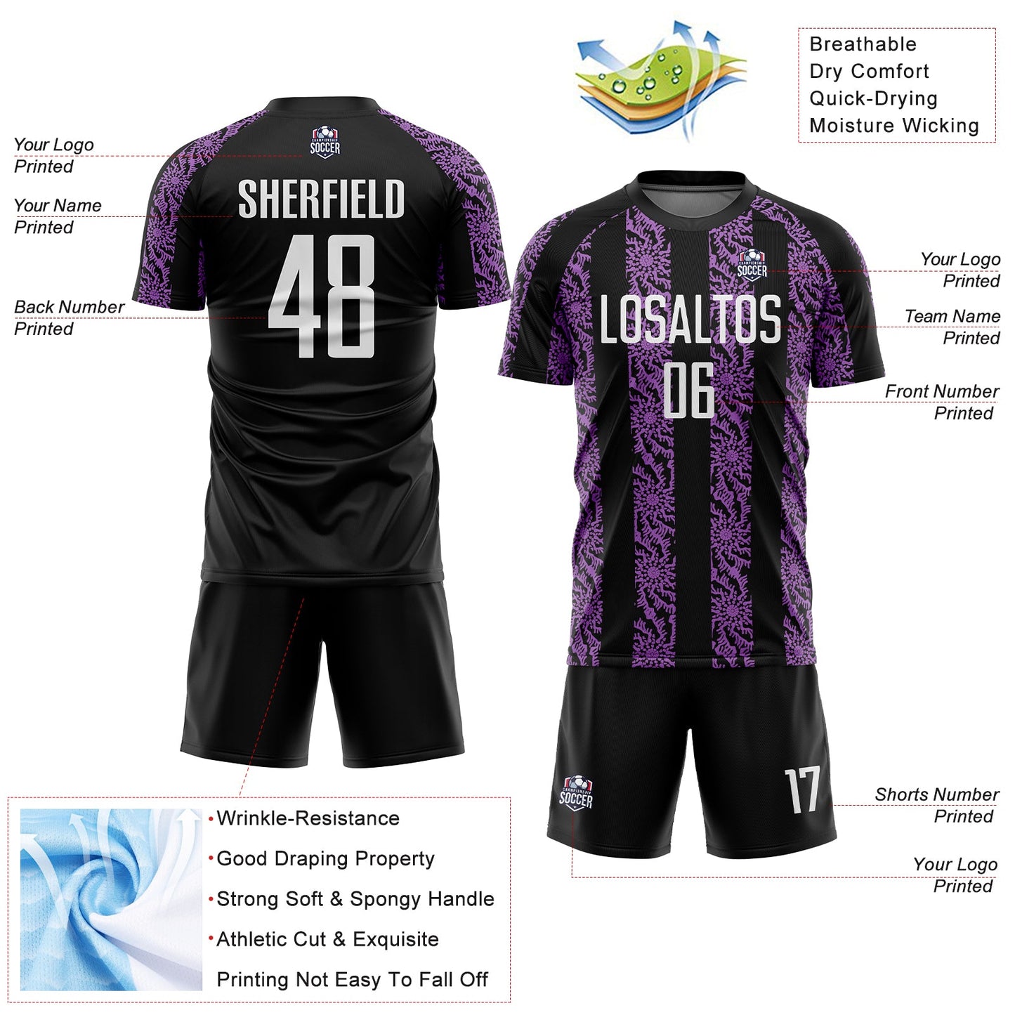 Custom Black White-Medium Purple Abstract Shape Sublimation Soccer Uniform Jersey - Sky-Custom