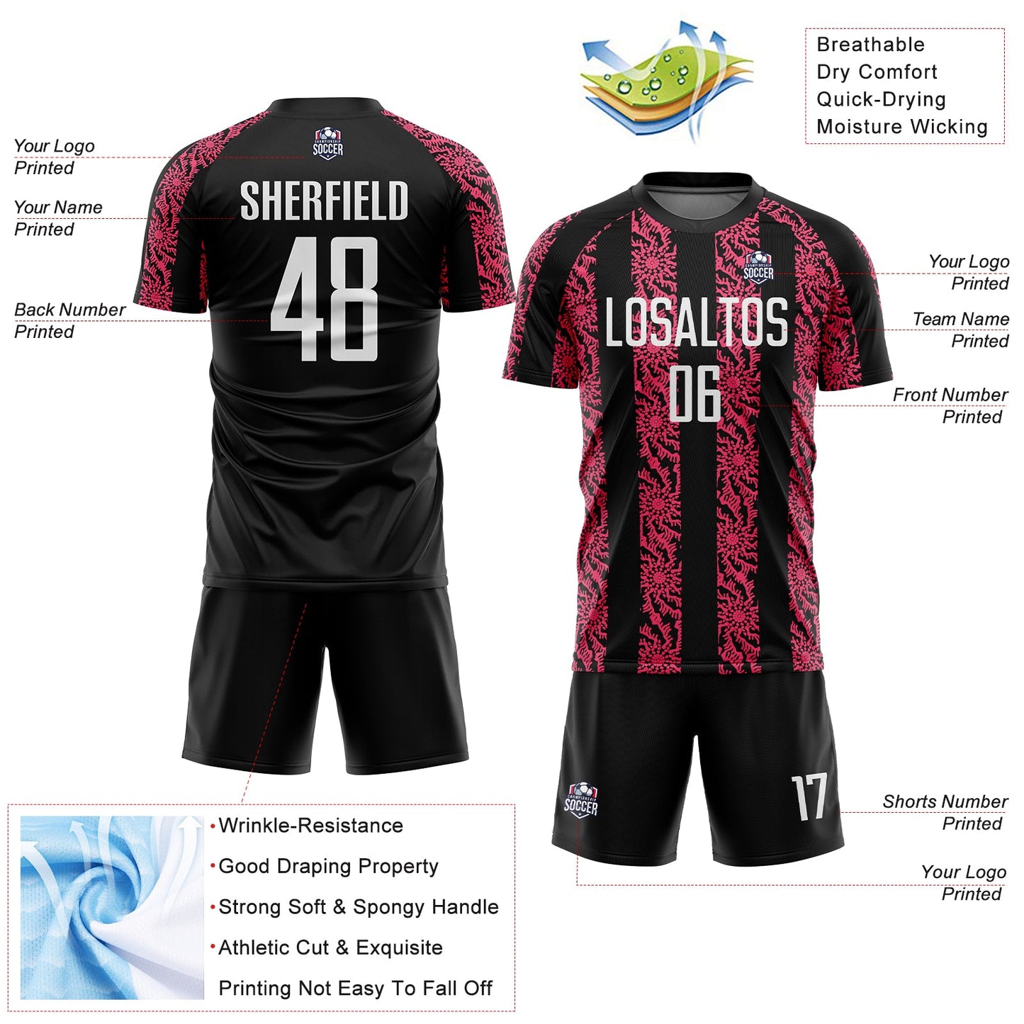 Custom Black White-Neon Pink Abstract Shape Sublimation Soccer Uniform Jersey - Sky-Custom