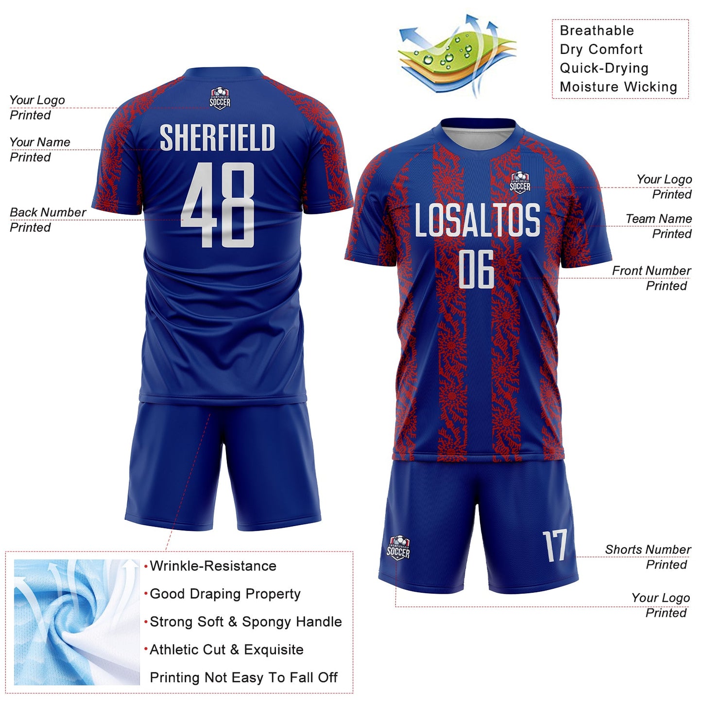 Custom Royal White-Red Abstract Shape Sublimation Soccer Uniform Jersey - Sky-Custom