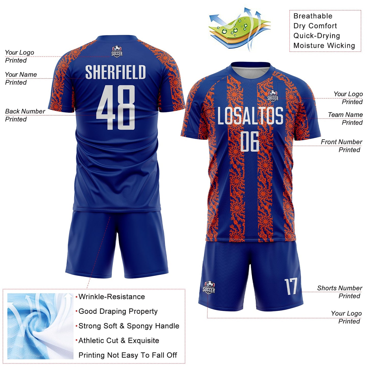 Custom Royal White-Orange Abstract Shape Sublimation Soccer Uniform Jersey - Sky-Custom