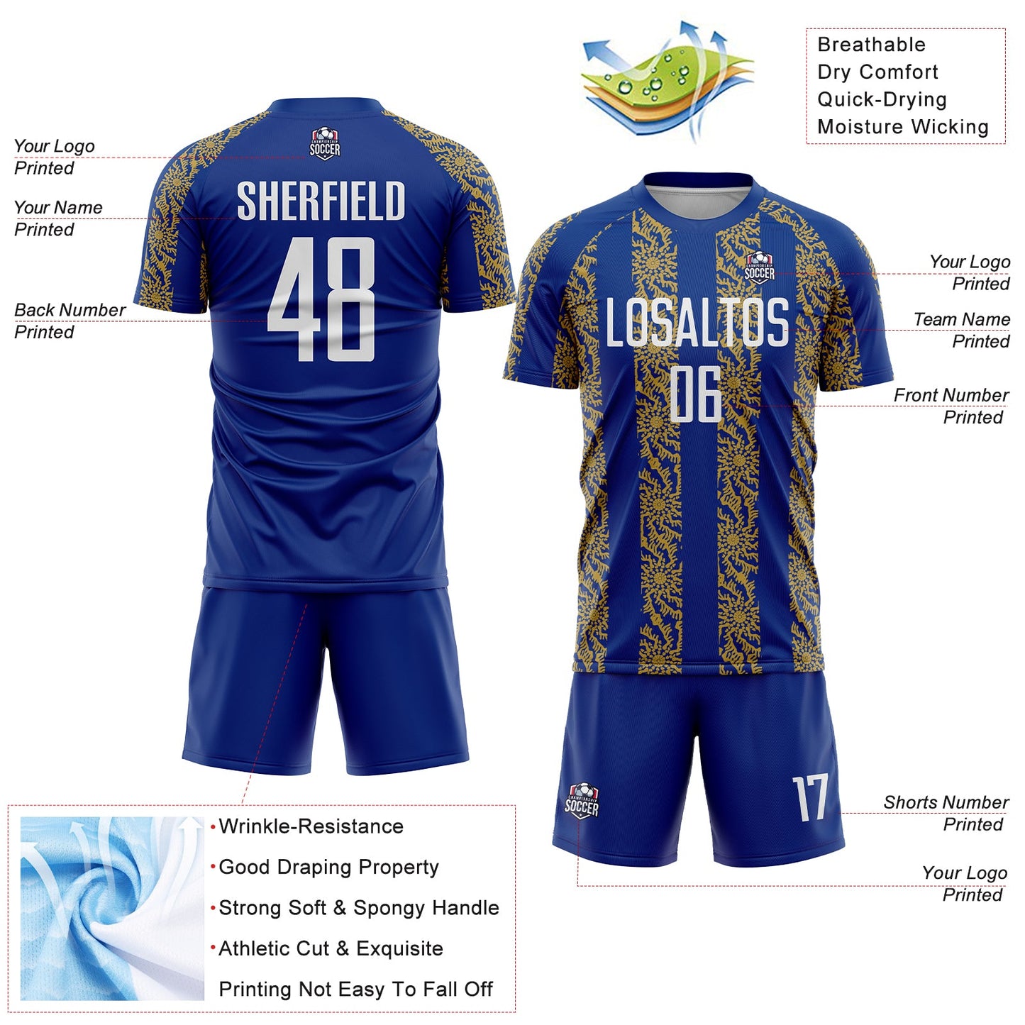 Custom Royal White-Old Gold Abstract Shape Sublimation Soccer Uniform Jersey - Sky-Custom