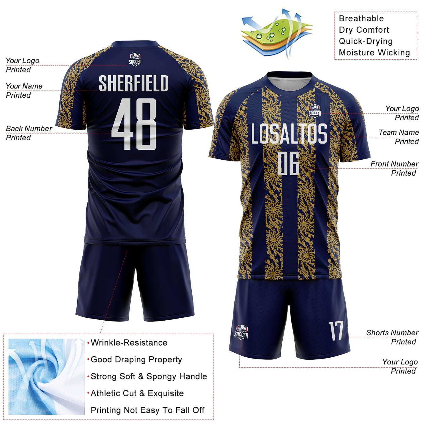 Custom Navy White-Old Gold Abstract Shape Sublimation Soccer Uniform Jersey - Sky-Custom