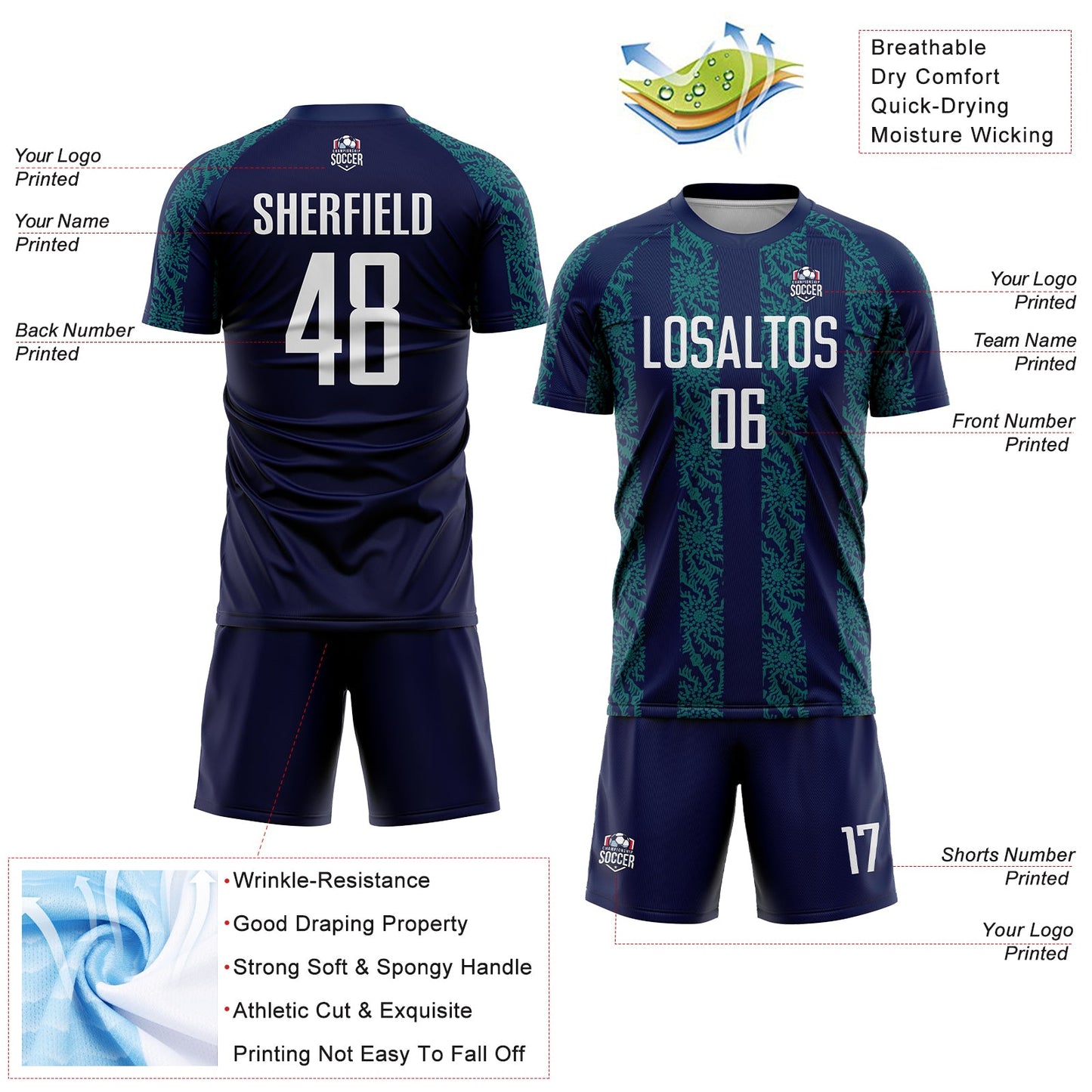 Custom Navy White-Teal Abstract Shape Sublimation Soccer Uniform Jersey - Sky-Custom