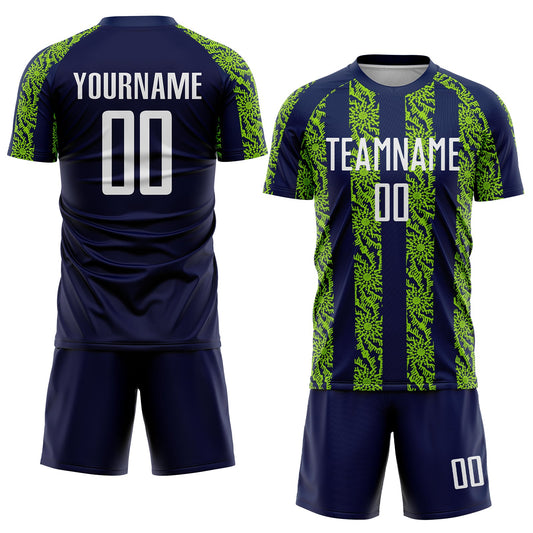 Custom Navy White-Neon Green Abstract Shape Sublimation Soccer Uniform Jersey - Sky-Custom