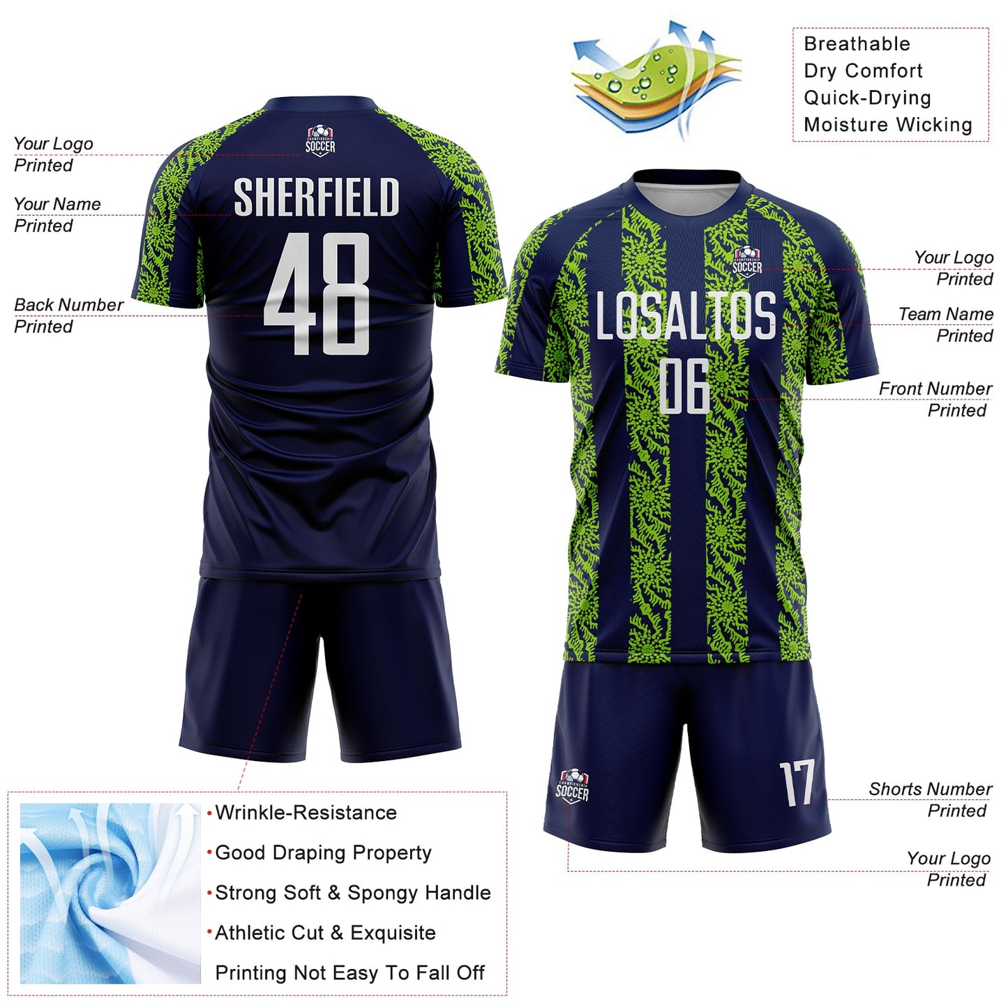 Custom Navy White-Neon Green Abstract Shape Sublimation Soccer Uniform Jersey - Sky-Custom