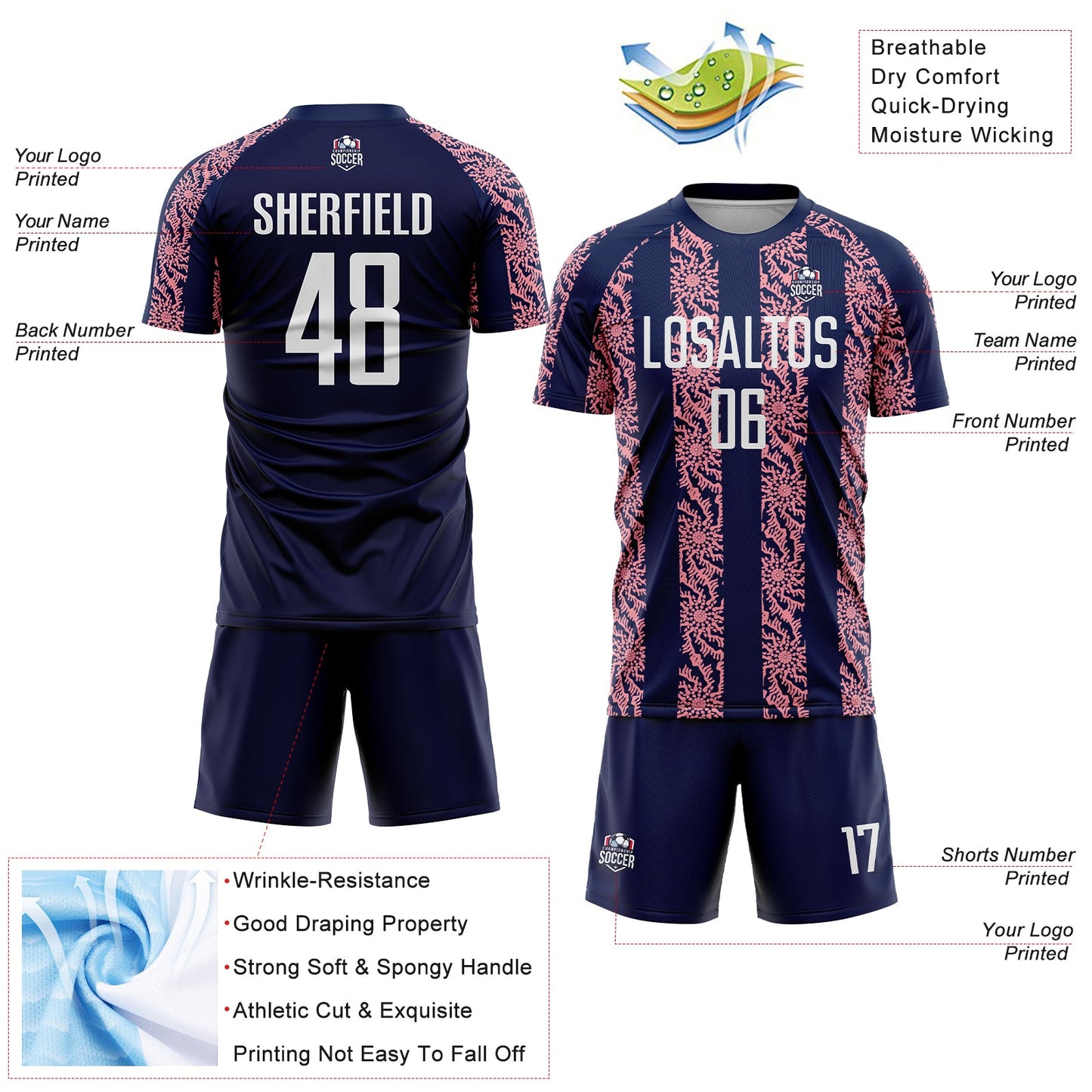Custom Navy White-Medium Pink Abstract Shape Sublimation Soccer Uniform Jersey - Sky-Custom