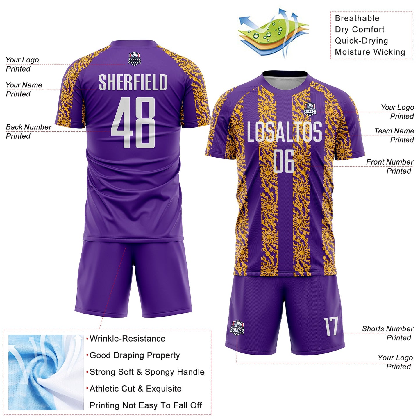 Custom Purple White-Gold Abstract Shape Sublimation Soccer Uniform Jersey - Sky-Custom
