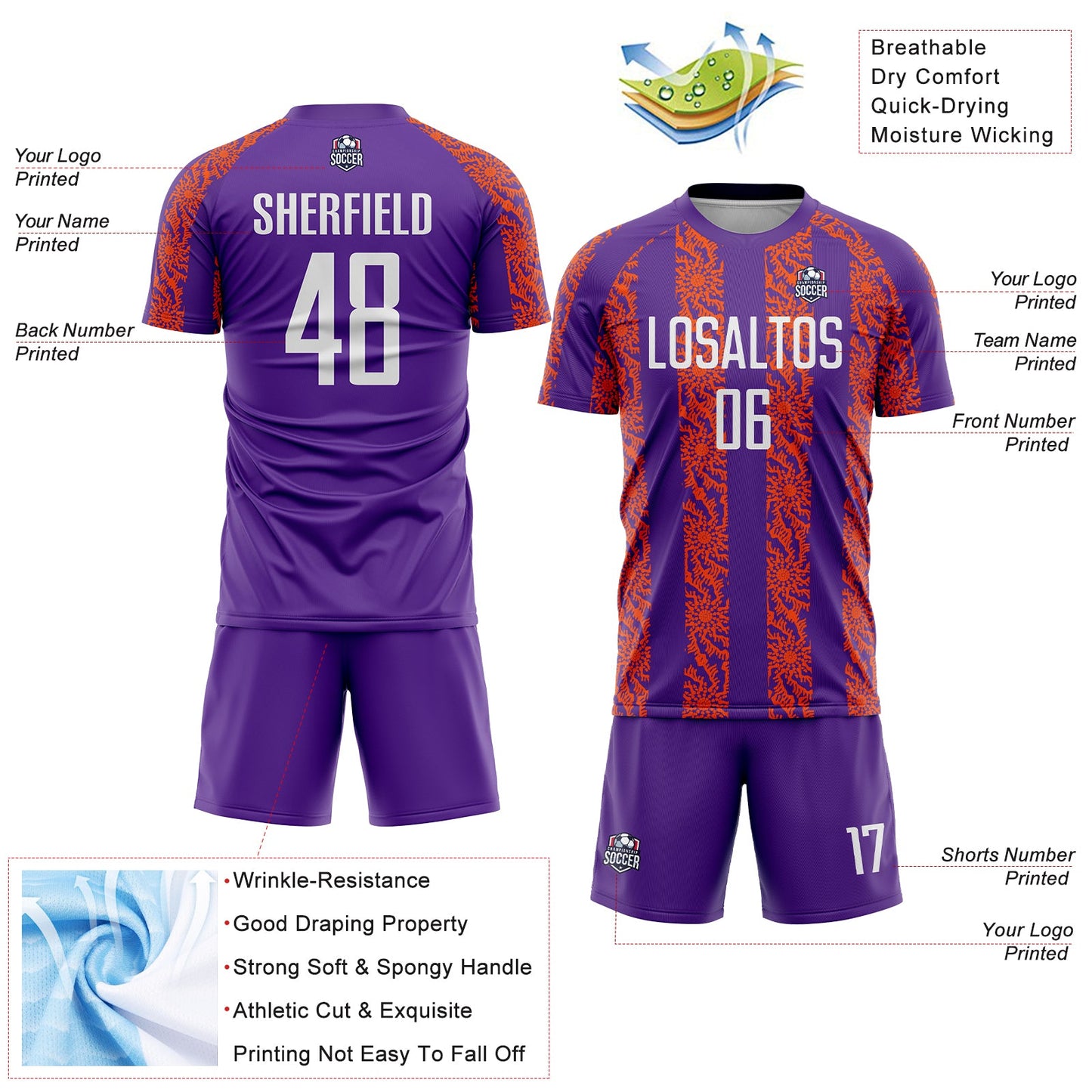 Custom Purple White-Orange Abstract Shape Sublimation Soccer Uniform Jersey - Sky-Custom