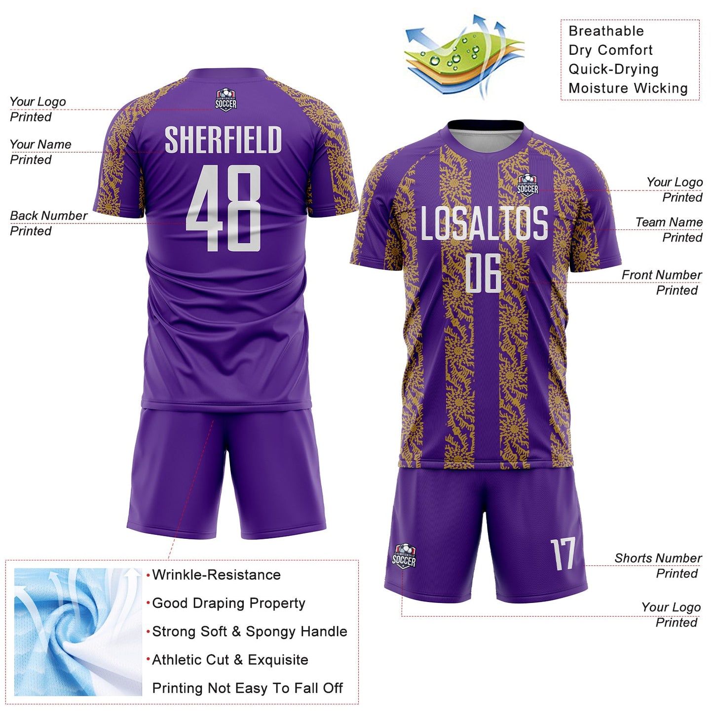 Custom Purple White-Old Gold Abstract Shape Sublimation Soccer Uniform Jersey - Sky-Custom