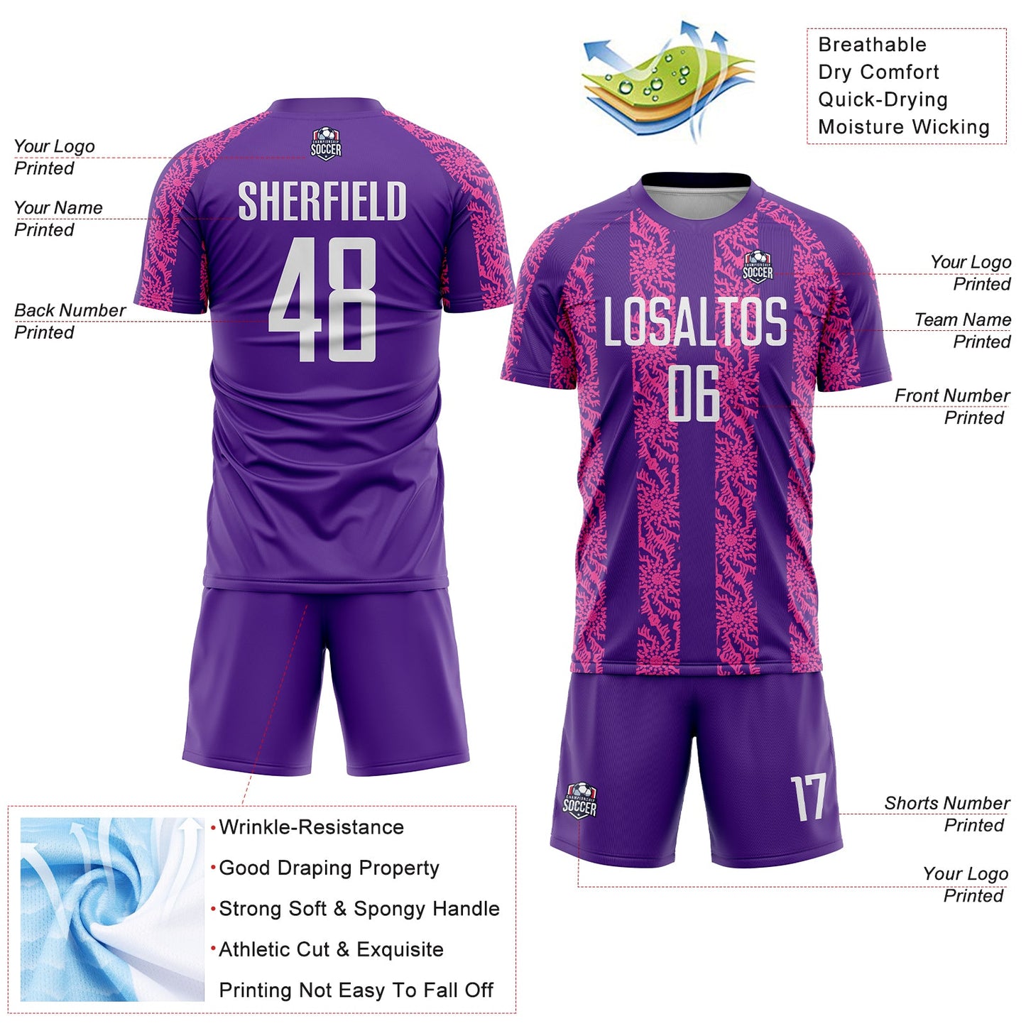 Custom Purple White-Pink Abstract Shape Sublimation Soccer Uniform Jersey - Sky-Custom