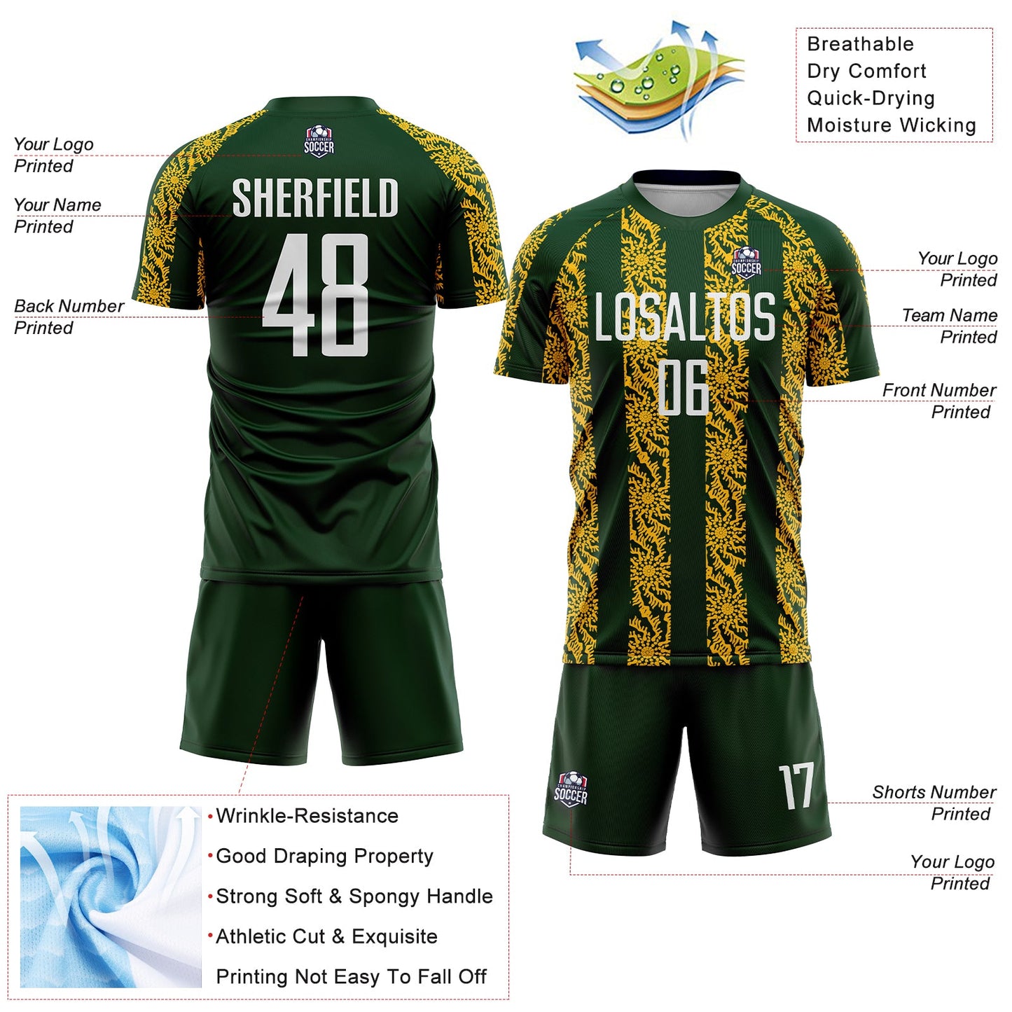 Custom Green White-Gold Abstract Shape Sublimation Soccer Uniform Jersey - Sky-Custom