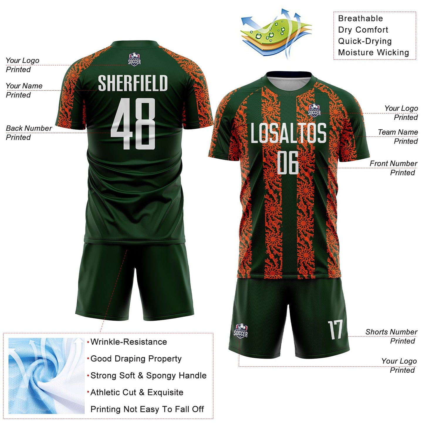 Custom Green White-Orange Abstract Shape Sublimation Soccer Uniform Jersey - Sky-Custom