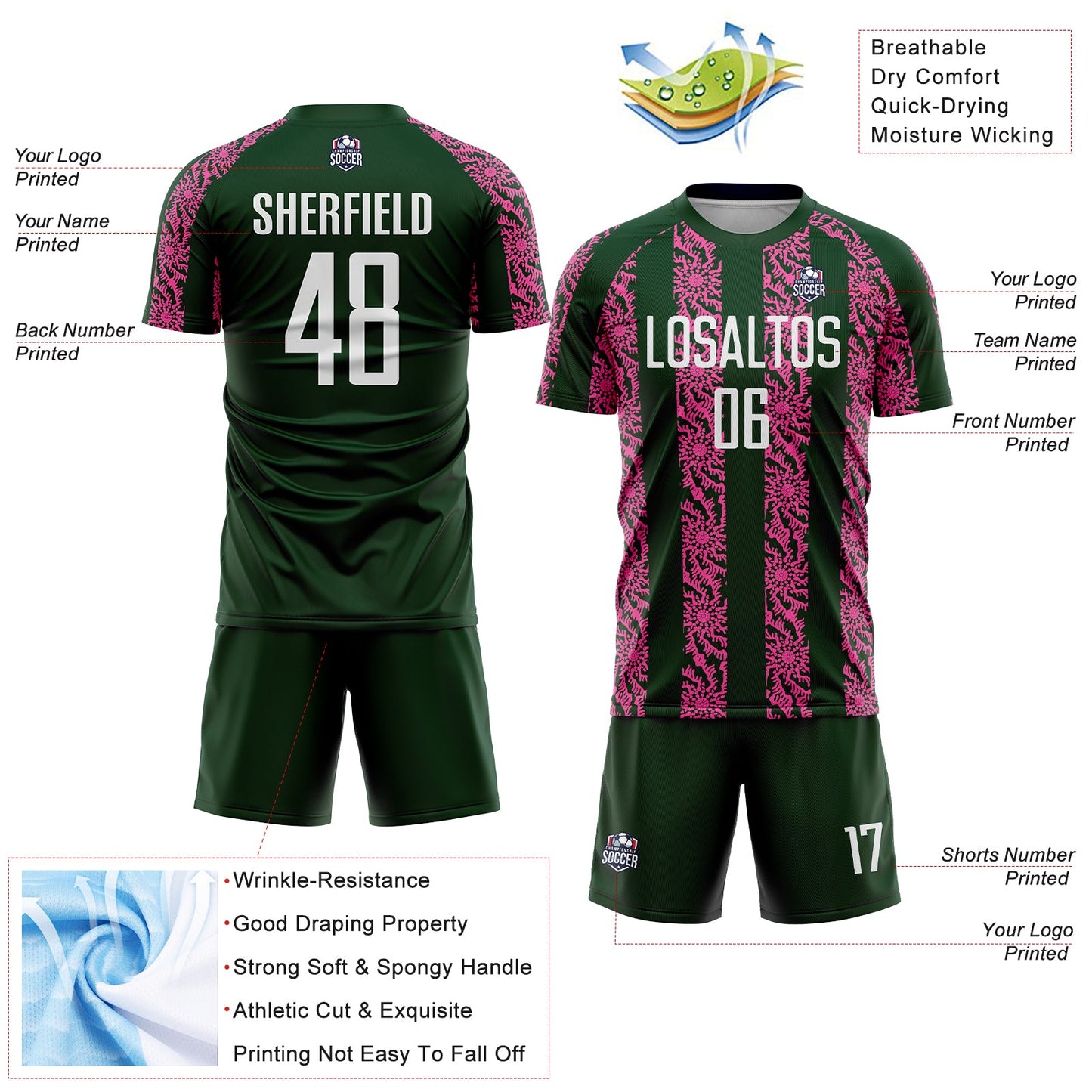 Custom Green White-Pink Abstract Shape Sublimation Soccer Uniform Jersey - Sky-Custom