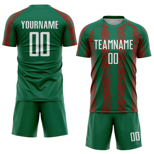 Custom Kelly Green White-Red Abstract Shape Sublimation Soccer Uniform Jersey - Sky-Custom